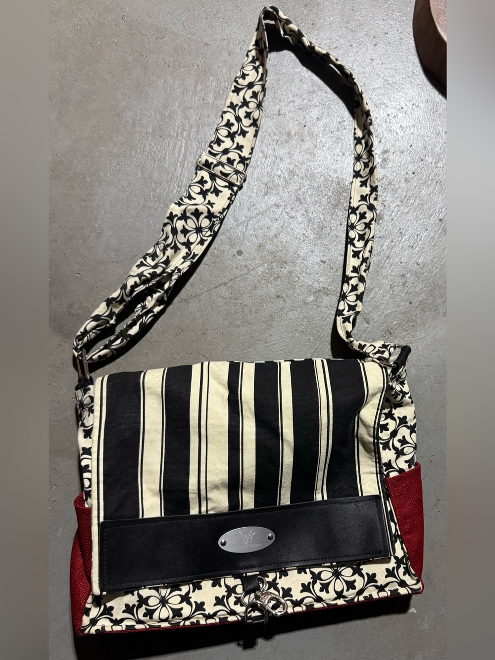 Striped Black & Cream Crossbody Bag with Red Accents
